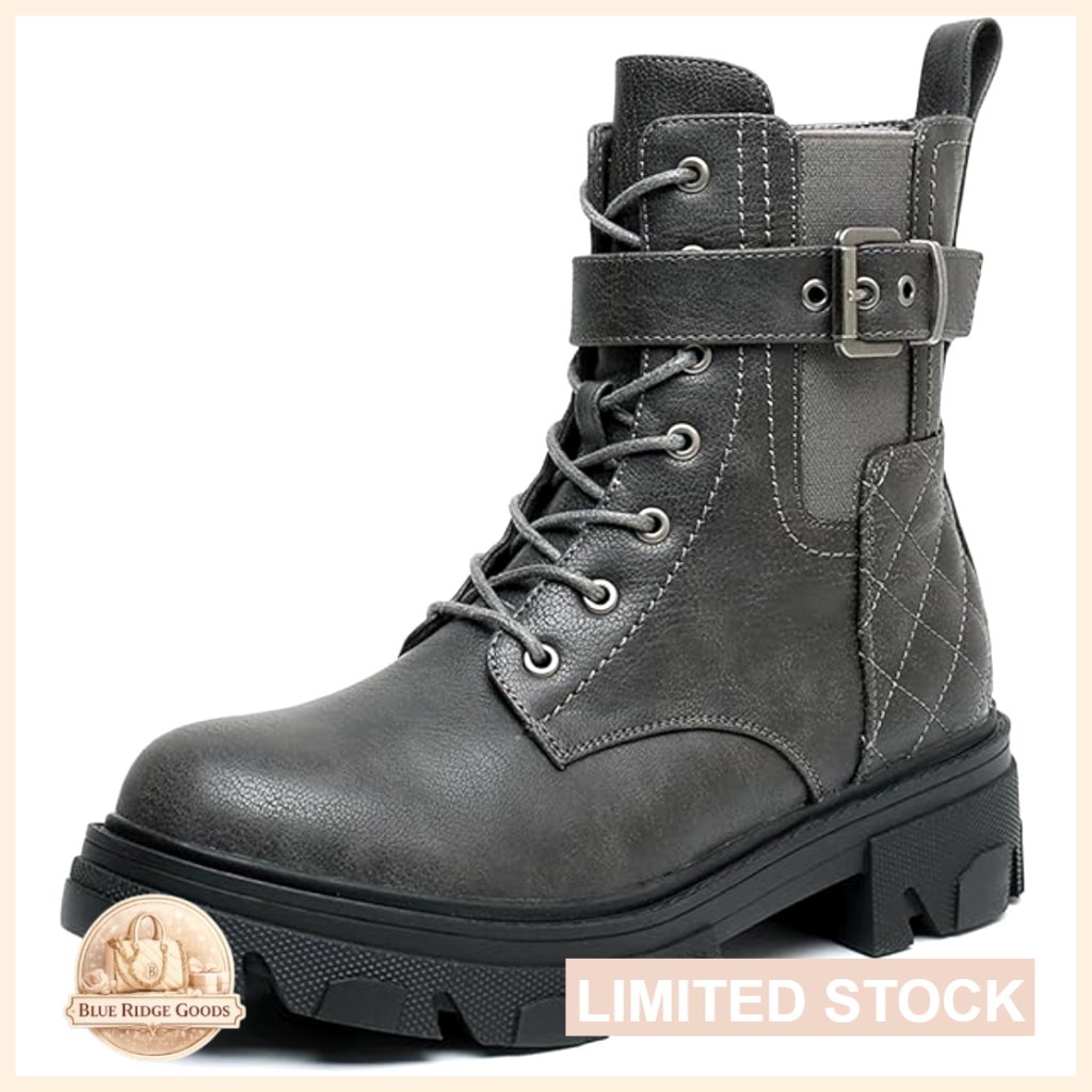 Women's Combat Boots Lace Up Ankle Booties Chunky Lug Sole Low Heel